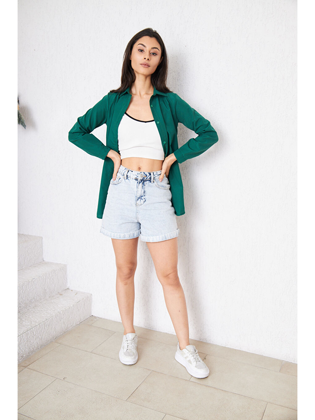 Kadın Uzun Kollu Düğmeli Basic Yeşil Tunik Gömlek-6