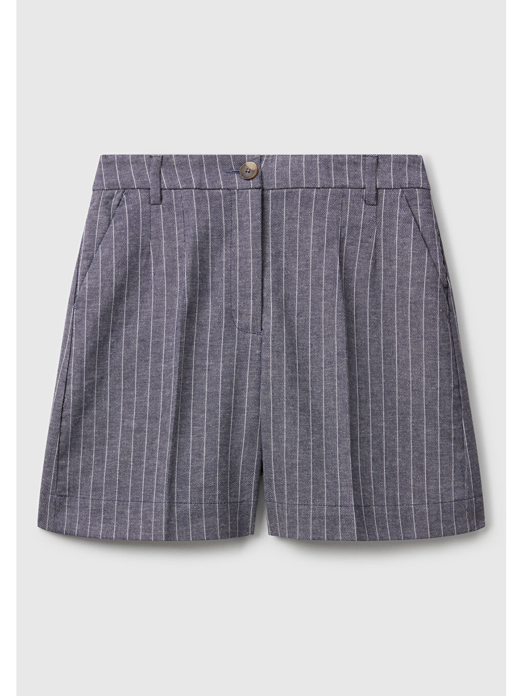 Kadın Lacivert Pamuk ve Keten Karışımlı İnce Çizgi Yüksek Bel Bermuda Şort-1