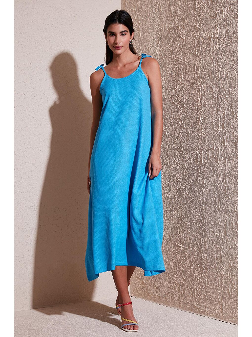 Lela Mavi Regular Fit İp Askılı Uzun Kadın Elbise 5865732