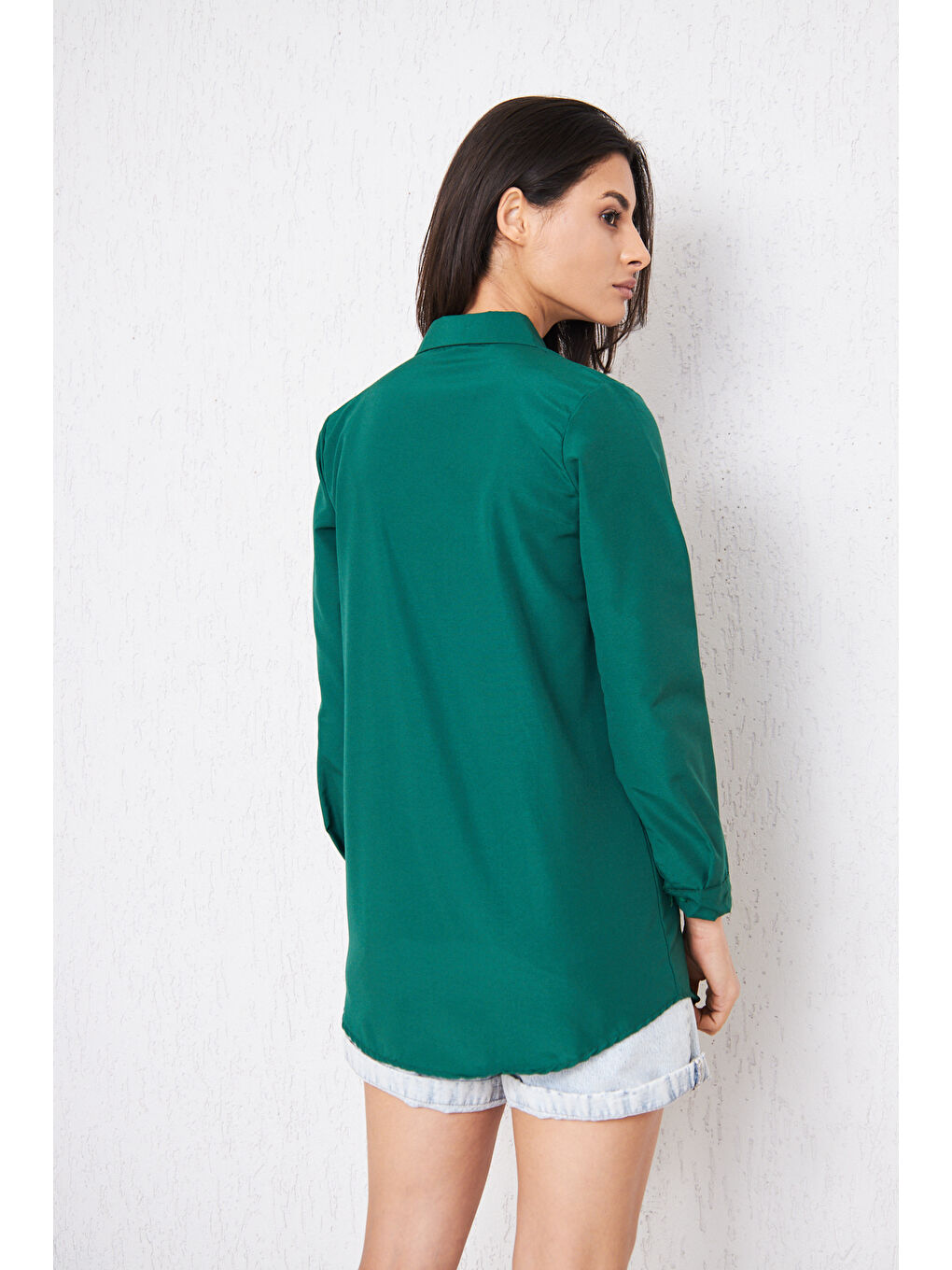 Kadın Uzun Kollu Düğmeli Basic Yeşil Tunik Gömlek-7
