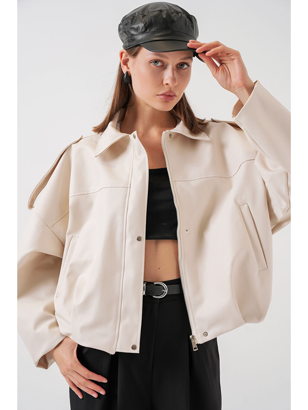 Kadın Oversize Deri Ceket 1055 - Ekru
