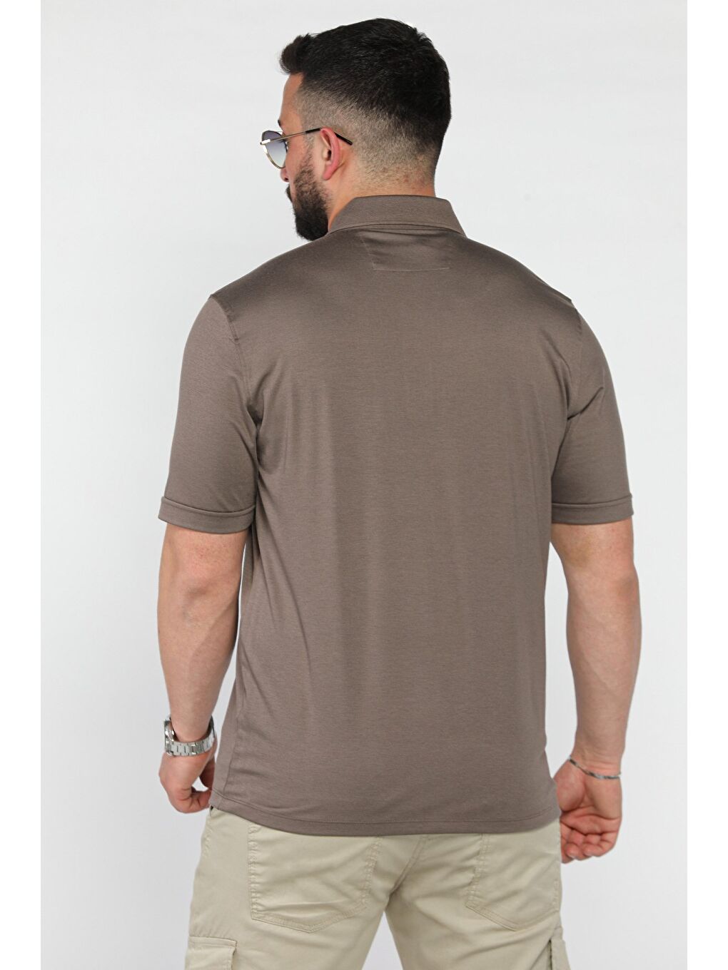 Bej Polo Yaka Yarım Düğmeli Cepli Erkek Tişört-2