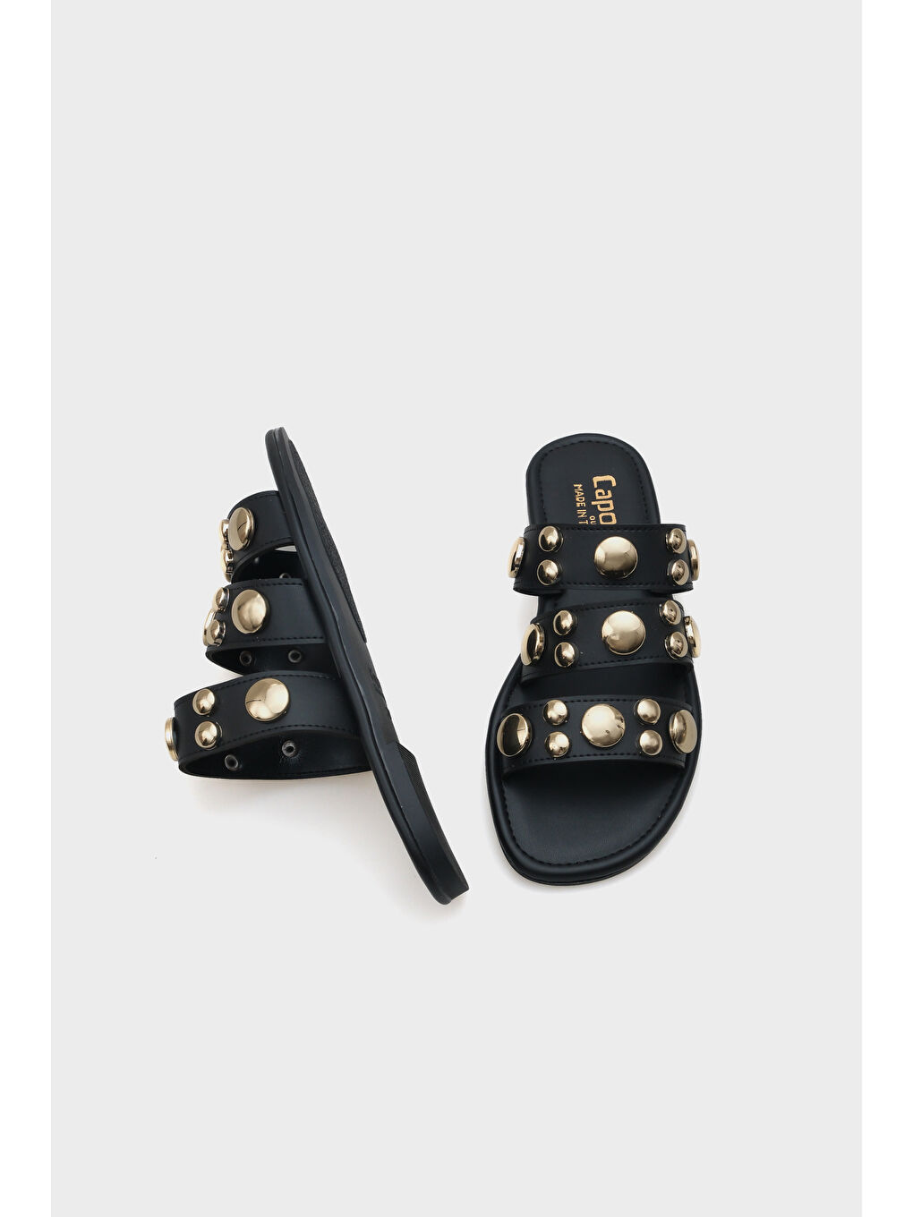 Siyah Kate Bantlı Metal Aksesuarlı Düz Topuklu Yuvarlak Burunlu Kadın Terlik-4