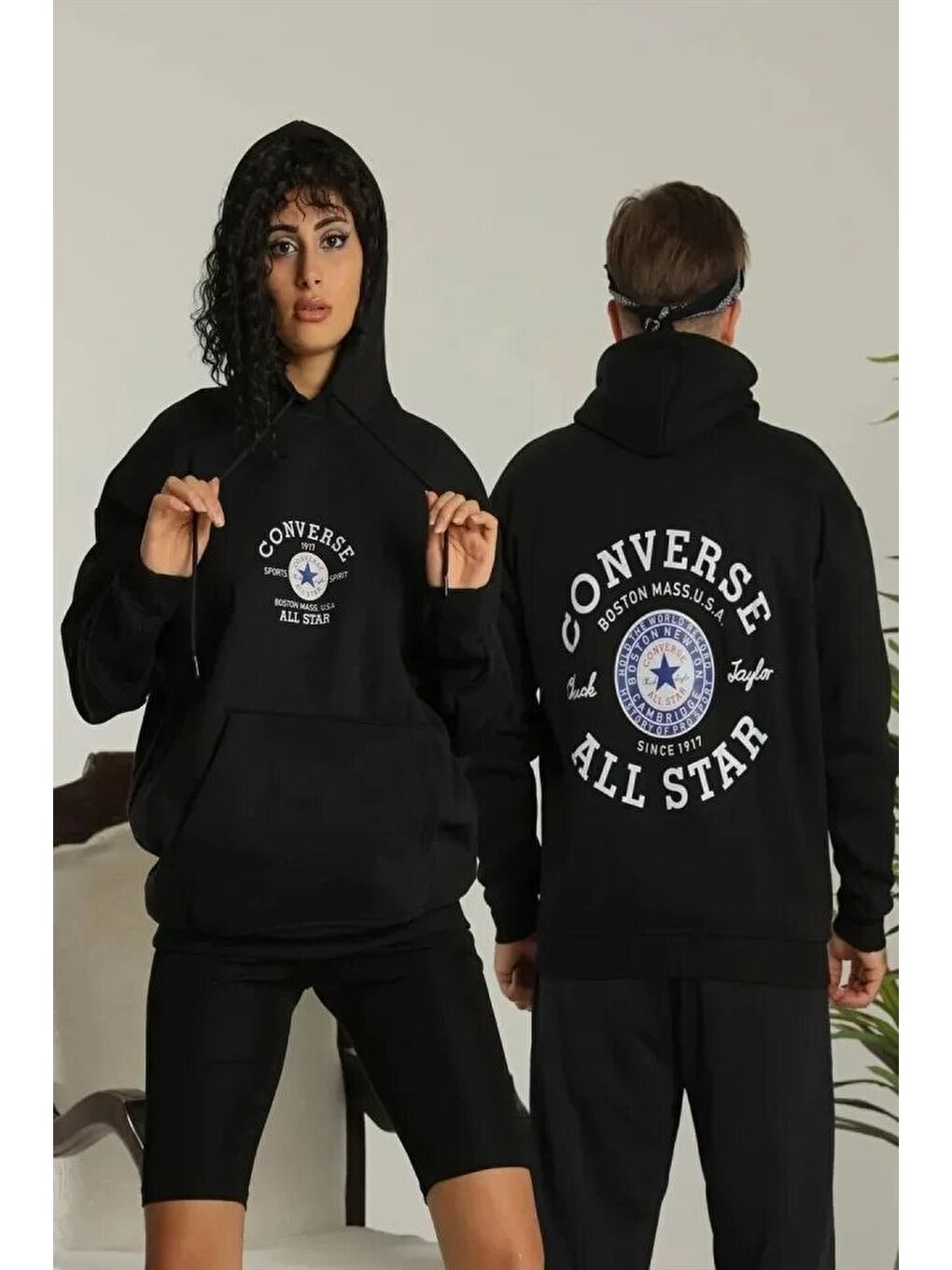 Erkek Sırt Baskılı Oversize Üç İplik Kapüşonlu Hoodie Sweatshirt - Siyah-1
