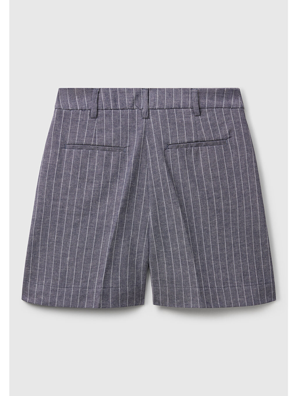 Kadın Lacivert Pamuk ve Keten Karışımlı İnce Çizgi Yüksek Bel Bermuda Şort-3