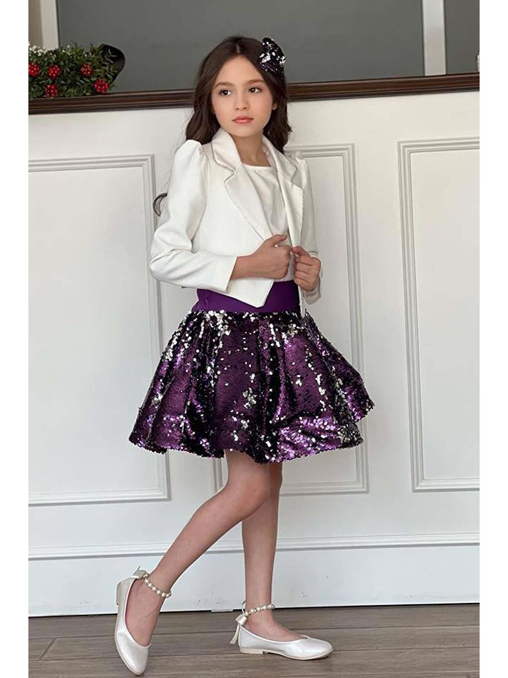 Kız Çocuk Kruvaze Yaka Kenarlar Taş Şerit İşlemeli Ceket Mor Pullu Etekli Takım-1