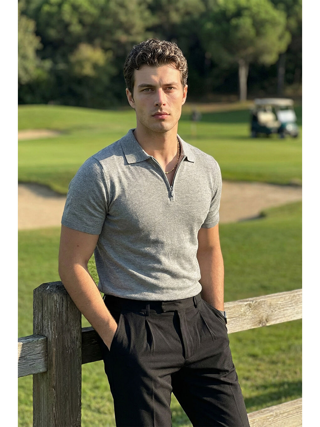 Gri Osko Erkek Polo Yaka Pamuk Düz İnce Triko Tişört