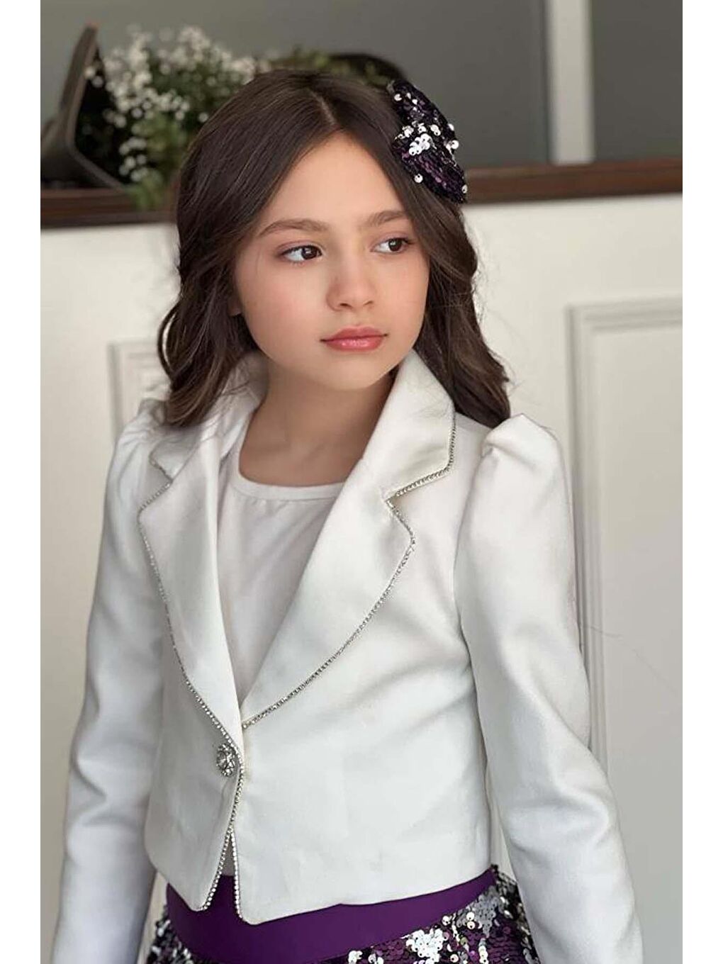 Kız Çocuk Kruvaze Yaka Kenarlar Taş Şerit İşlemeli Ceket Mor Pullu Etekli Takım-3