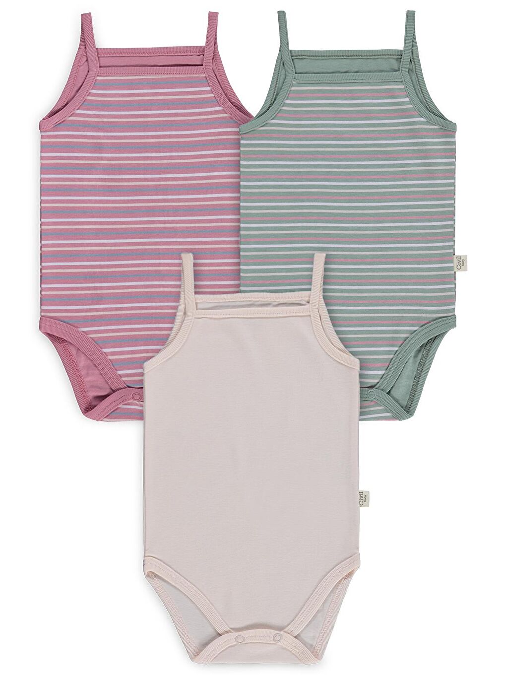 Baby Çizgili İp Askılı 3 Lü 0-36 Ay Çıtçıtlı Badi - Pembe 9-12 Ay