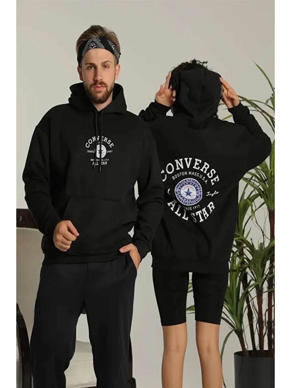 Erkek Sırt Baskılı Oversize Üç İplik Kapüşonlu Hoodie Sweatshirt - Siyah-2