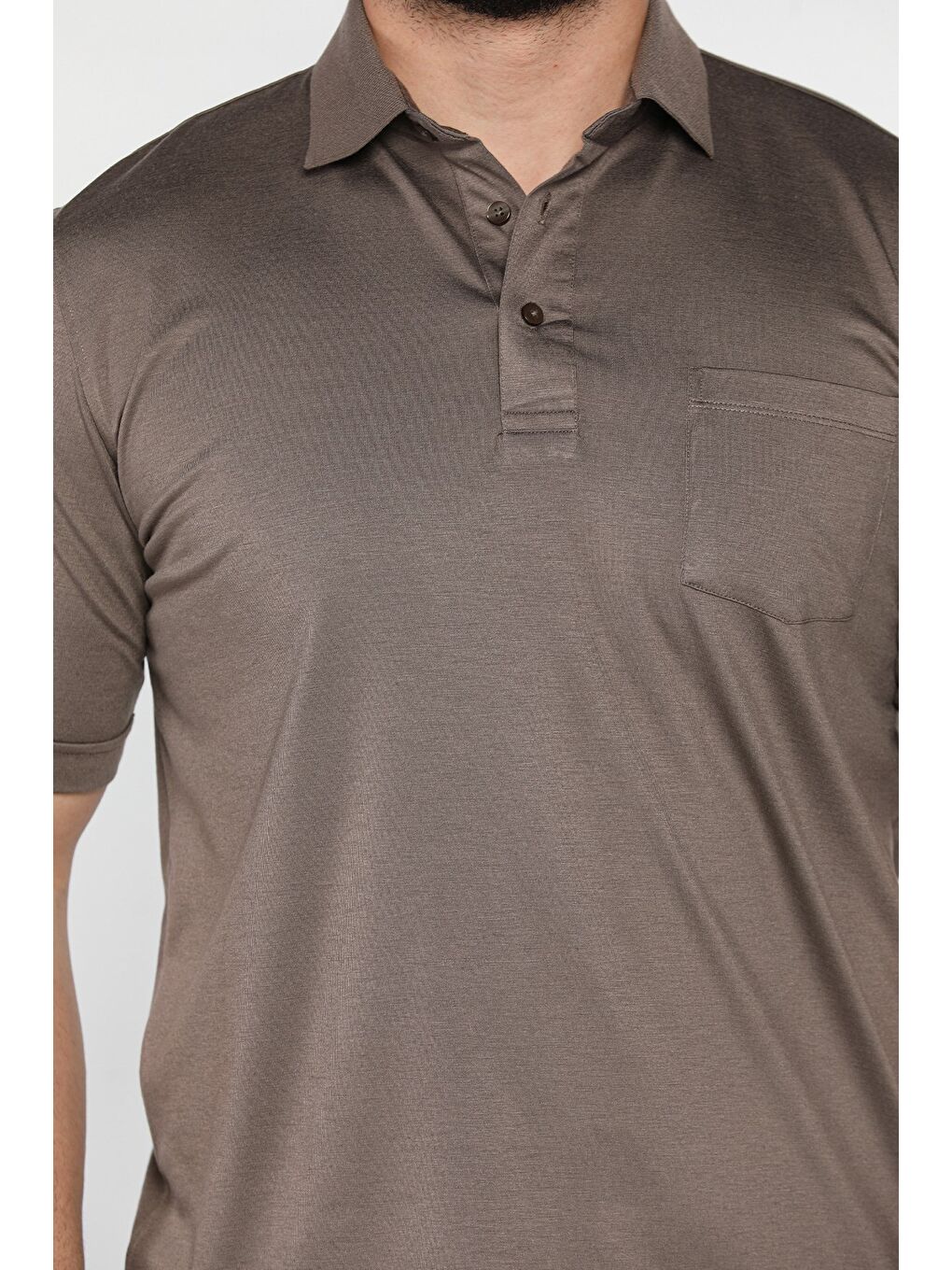 Bej Polo Yaka Yarım Düğmeli Cepli Erkek Tişört-3