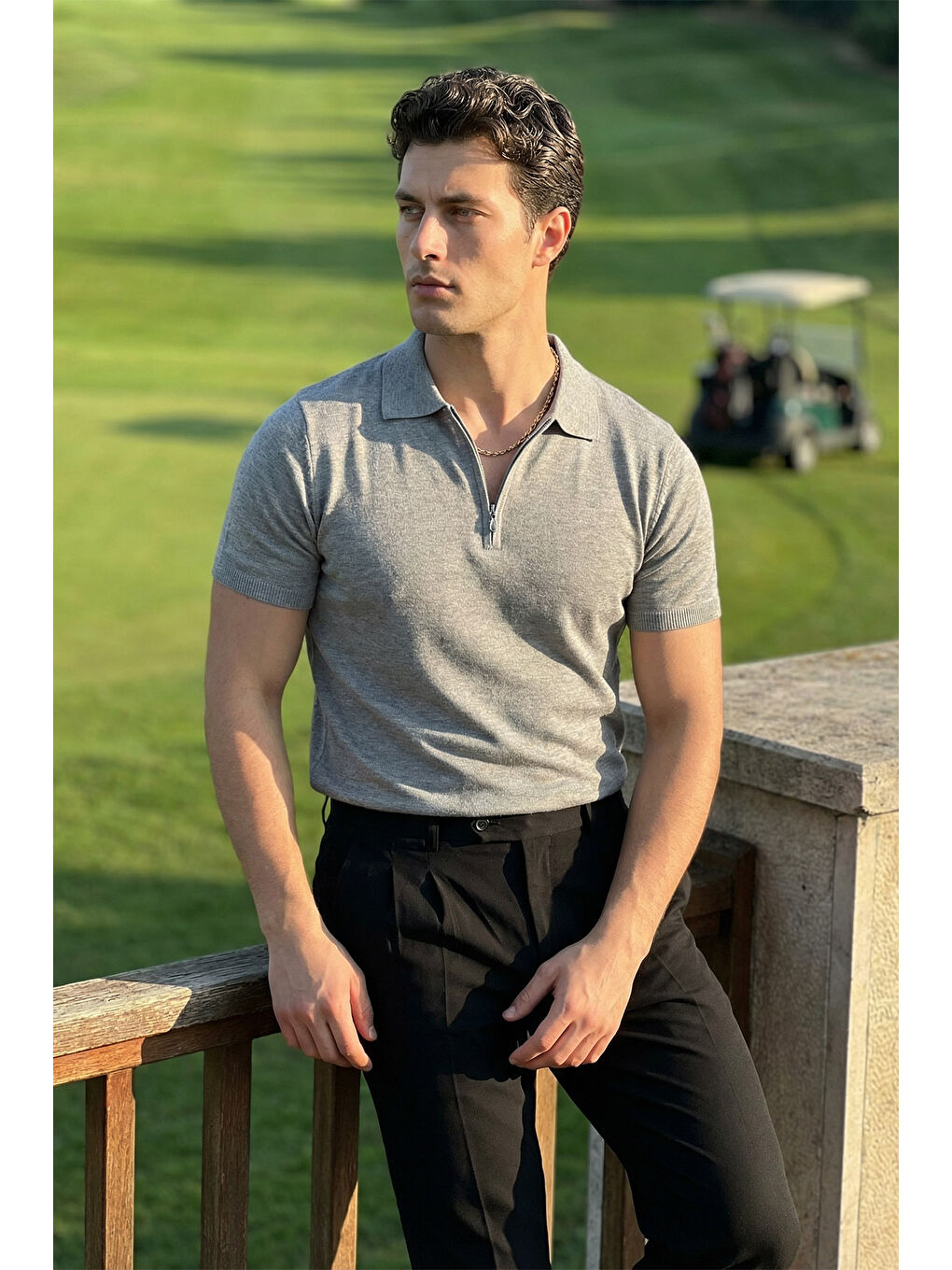Gri Osko Erkek Polo Yaka Pamuk Düz İnce Triko Tişört-1
