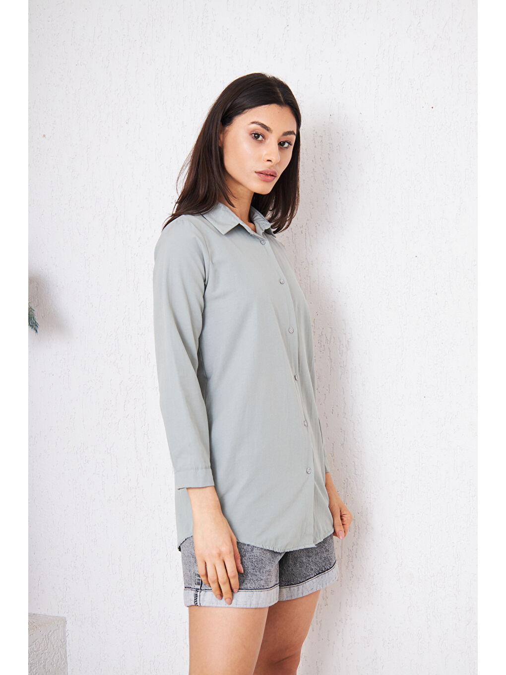 Kadın Uzun Kollu Düğmeli Basic Gri Tunik Gömlek-1