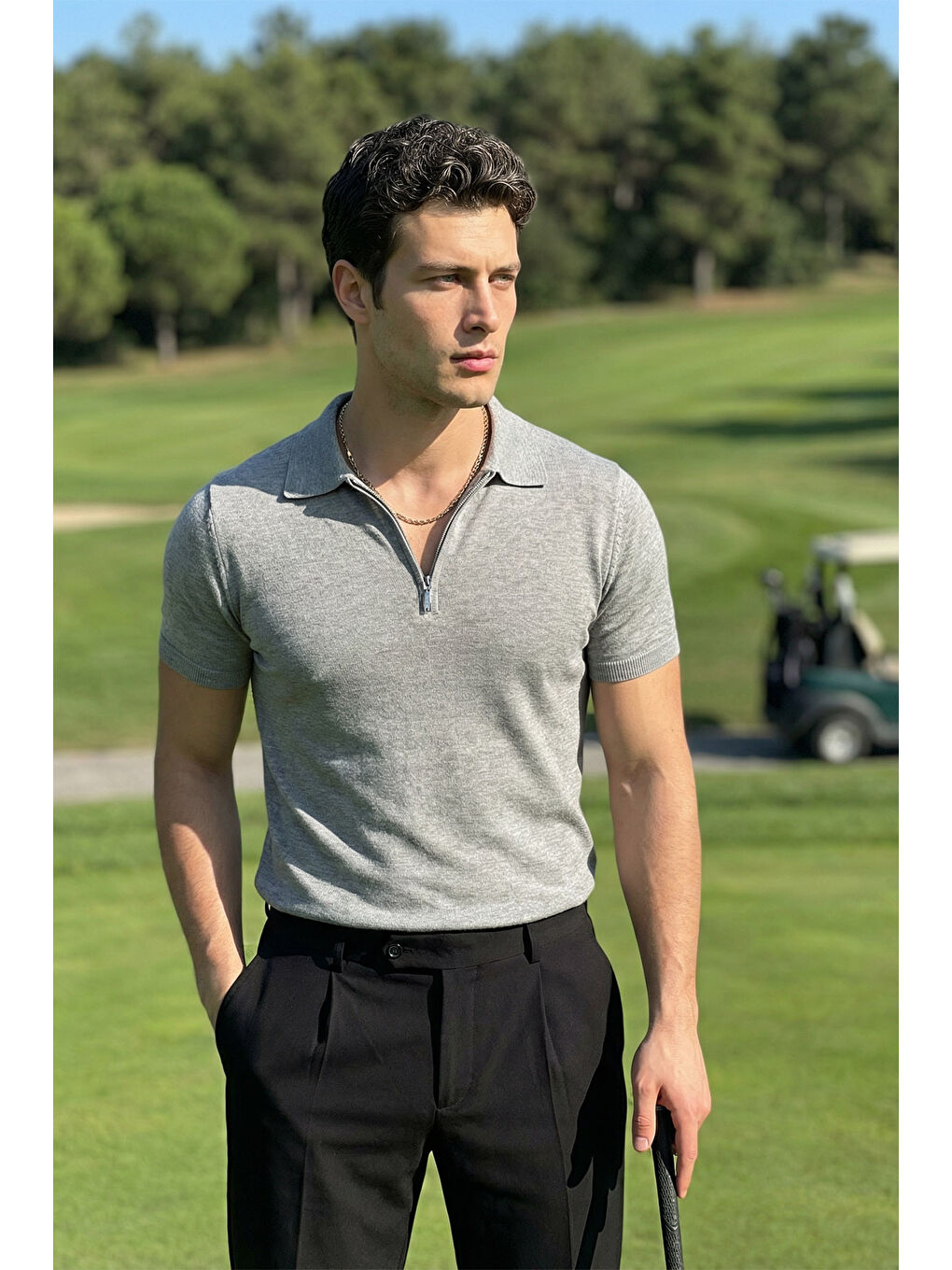 Gri Osko Erkek Polo Yaka Pamuk Düz İnce Triko Tişört-2