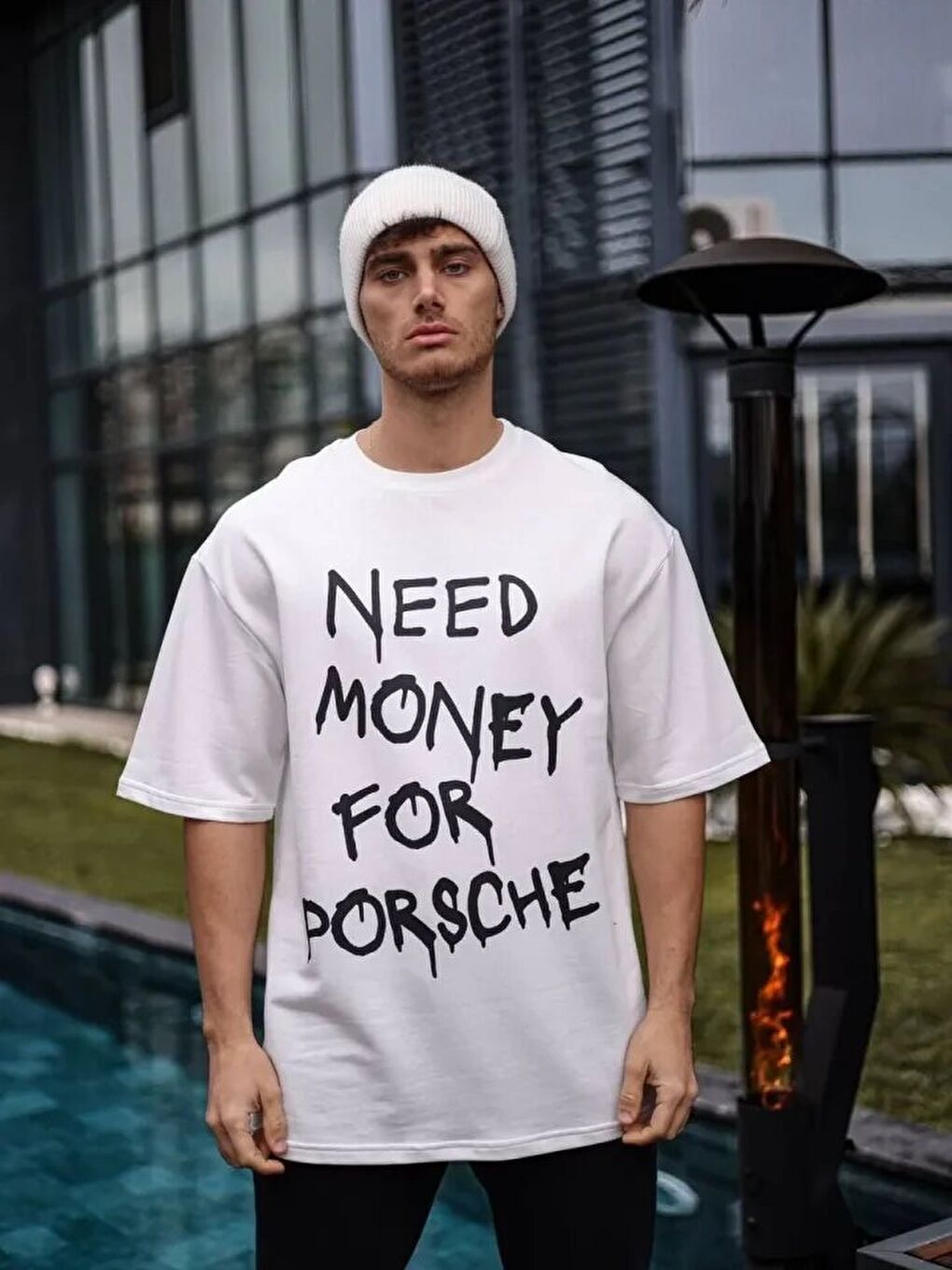 Unisex Bisiklet Yaka Baskılı Oversize T-Shirt - Beyaz