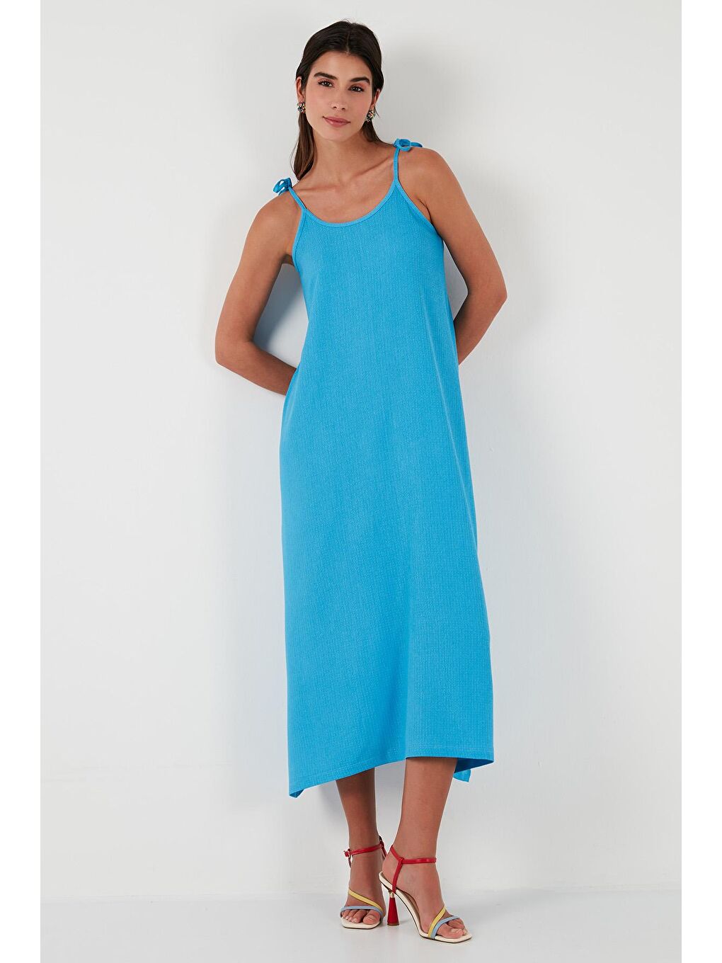 Lela Mavi Regular Fit İp Askılı Uzun Kadın Elbise 5865732 - 3