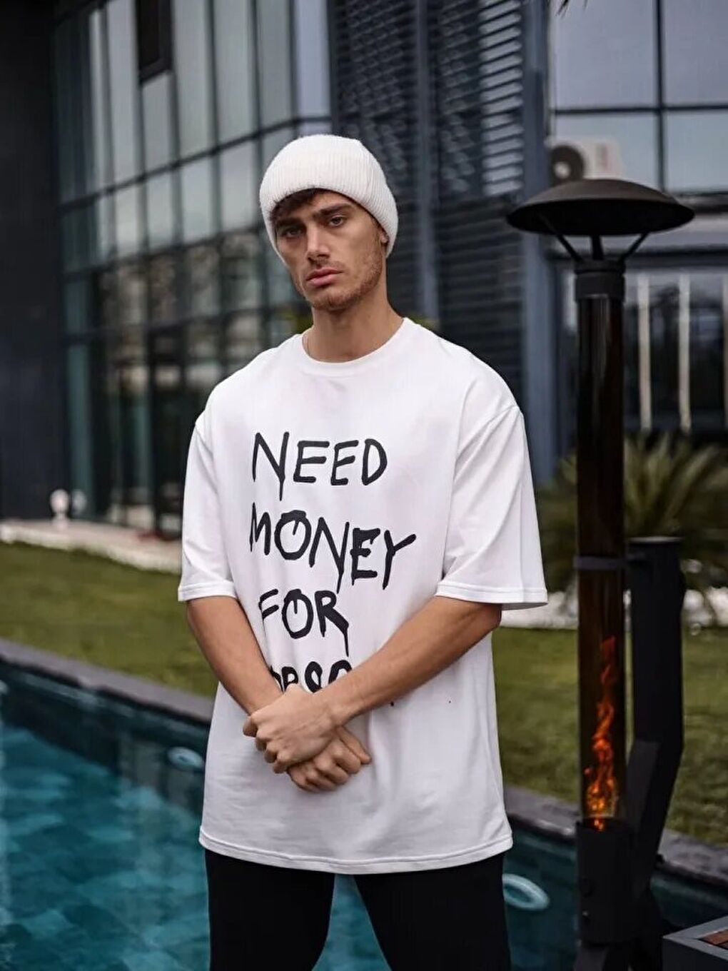 Unisex Bisiklet Yaka Baskılı Oversize T-Shirt - Beyaz-1