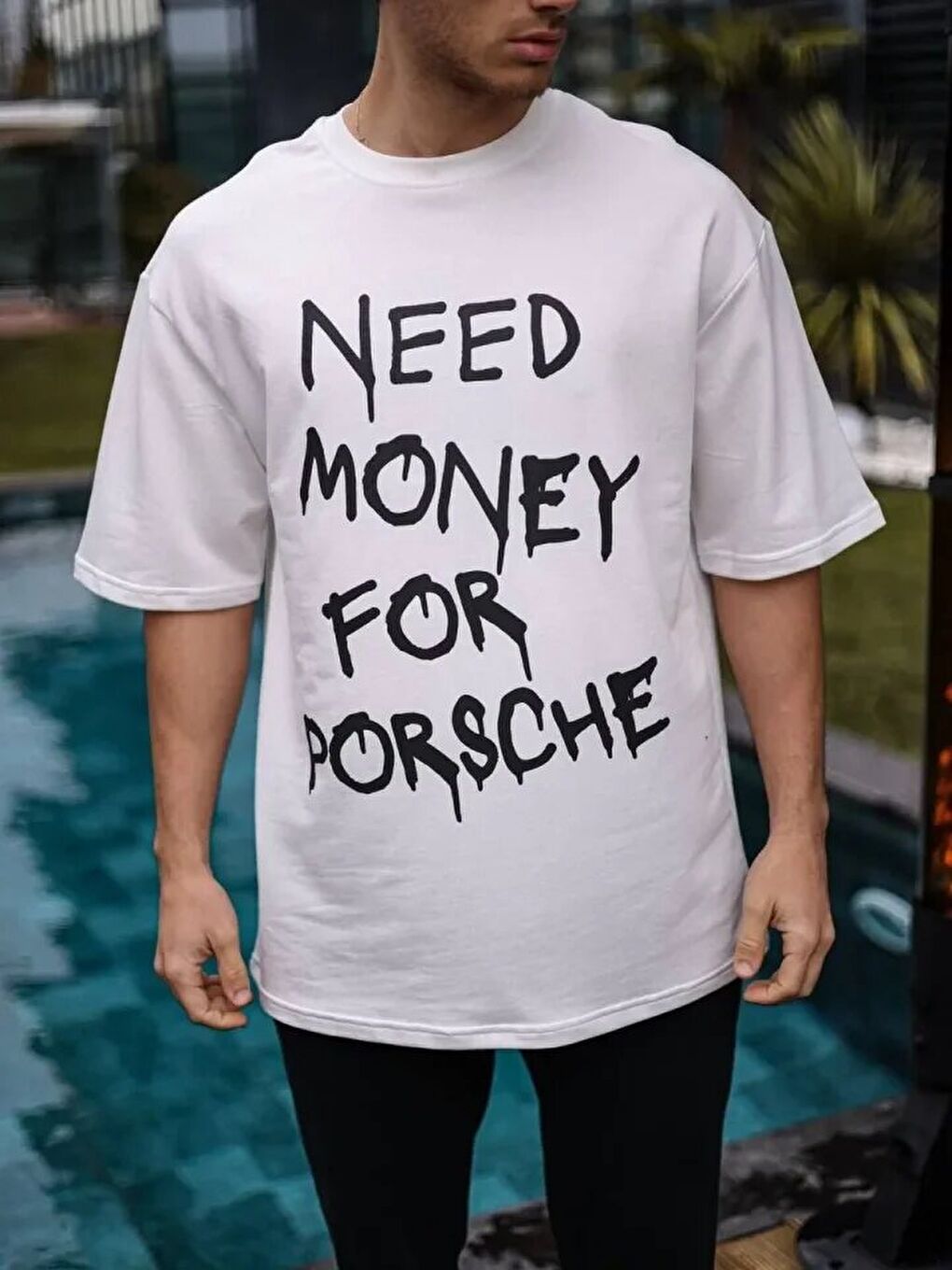 Unisex Bisiklet Yaka Baskılı Oversize T-Shirt - Beyaz-2