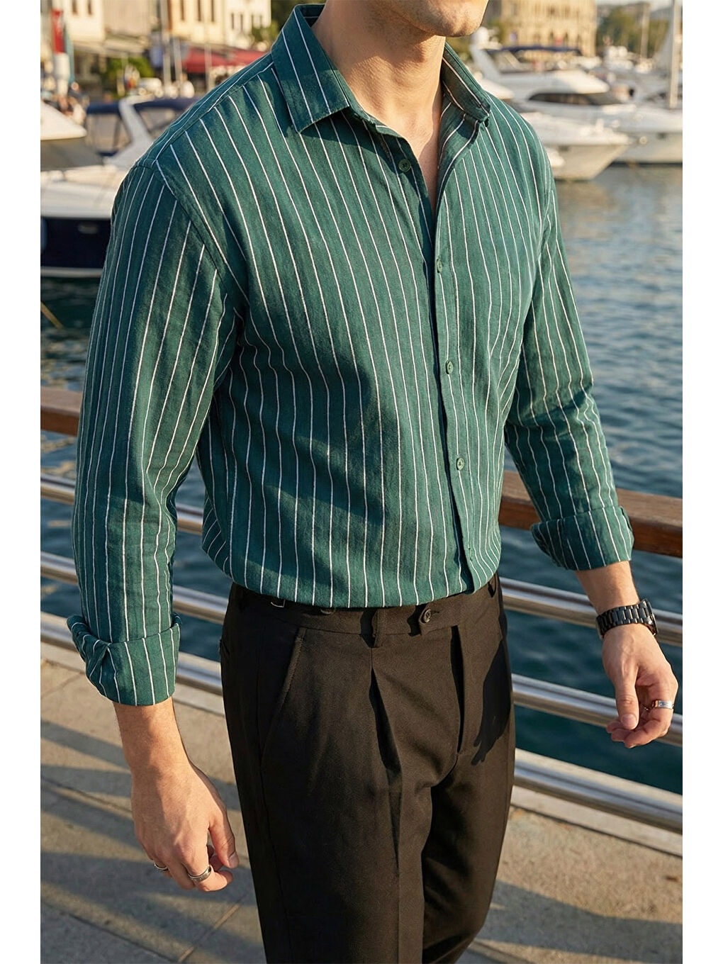 Yeşil Arkit Erkek Çizgili Viskon Oversize Gömlek-1