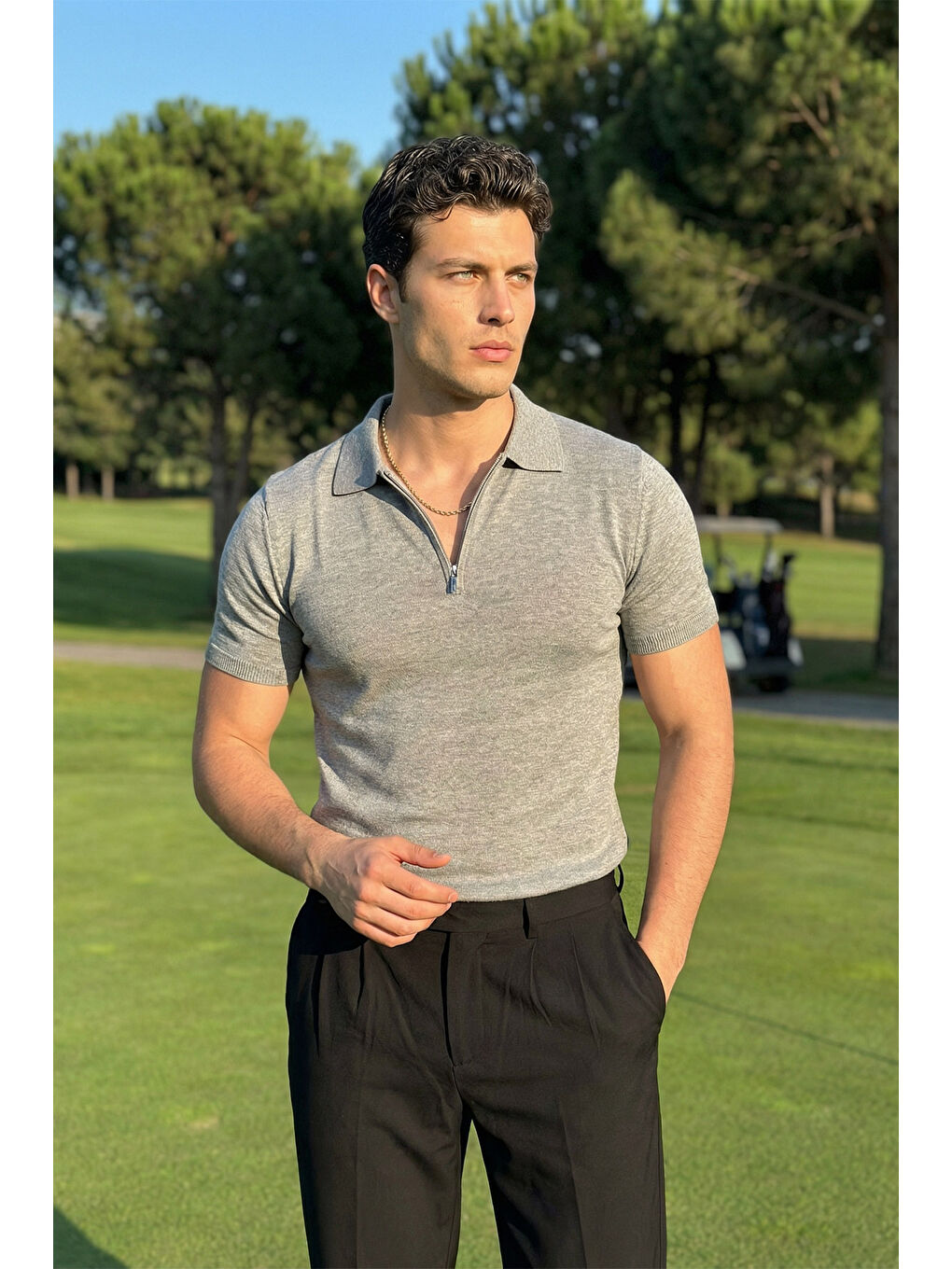 Gri Osko Erkek Polo Yaka Pamuk Düz İnce Triko Tişört-3