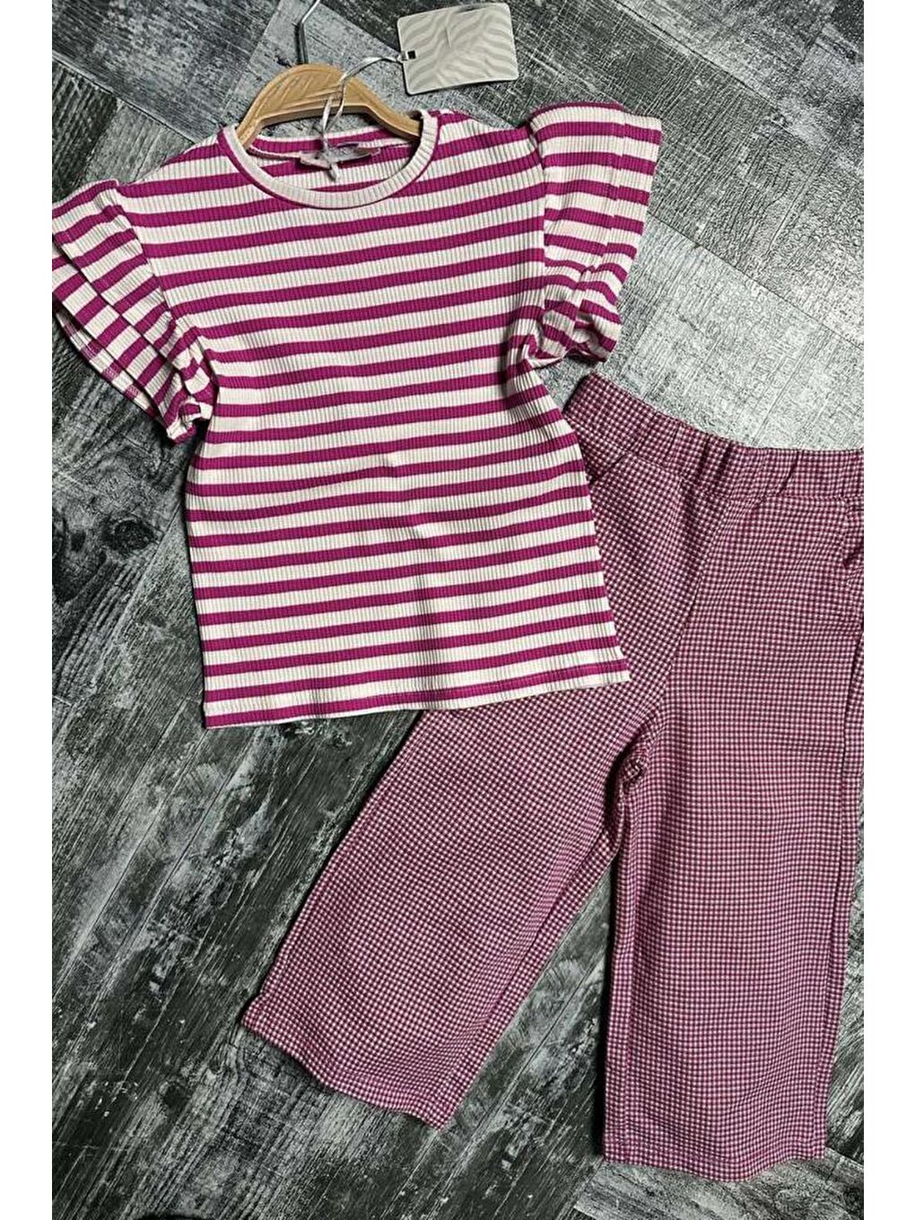 Kız Çocuk Yatay Çizgiler Kolsuz Omuzları Fırfırlı Bluz Pötikare Kumaş Pantolon Pembe Alt Üst Takım-4
