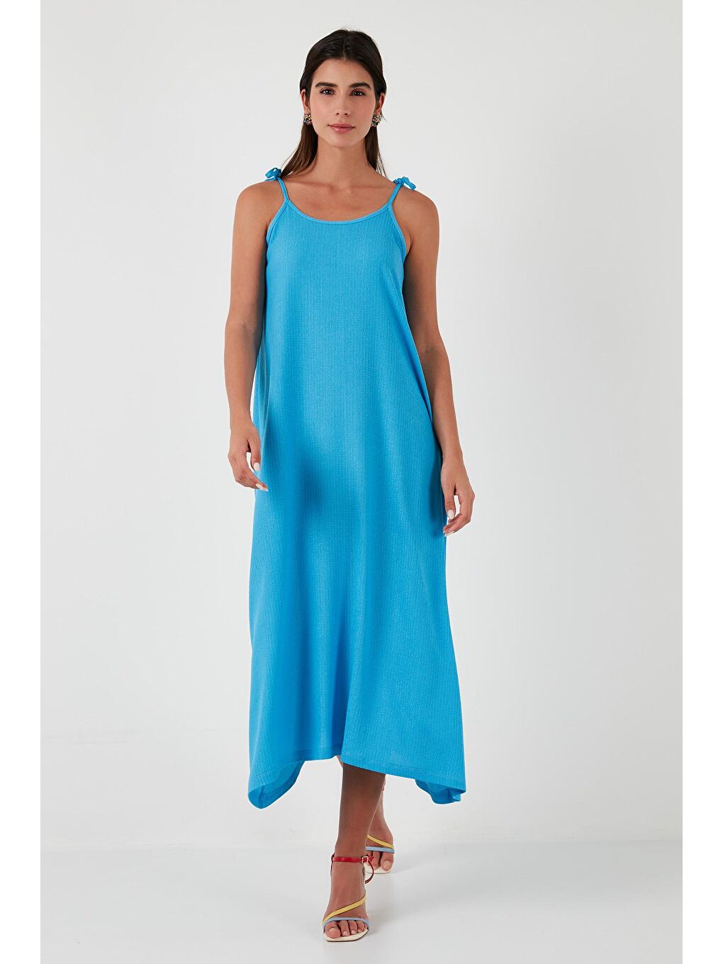 Lela Mavi Regular Fit İp Askılı Uzun Kadın Elbise 5865732 - 4