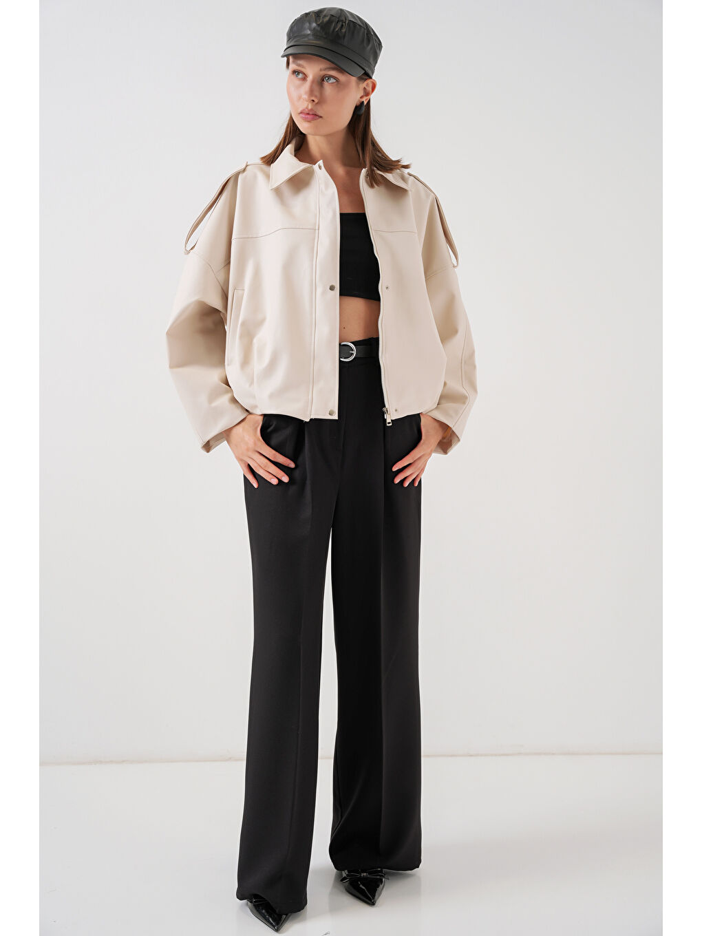Kadın Oversize Deri Ceket 1055 - Ekru-1