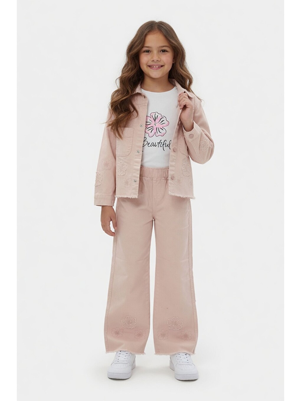 Pembe Gül Kurusu Çiçek Nakışlı Ceketli Geniş Paça Pantolonlu Kız Çocuk 3lü Takım 24118-2