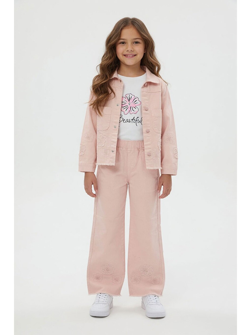 Pembe Somon Çiçek Nakışlı Ceketli Geniş Paça Pantolonlu Kız Çocuk 3lü Takım 24117-1