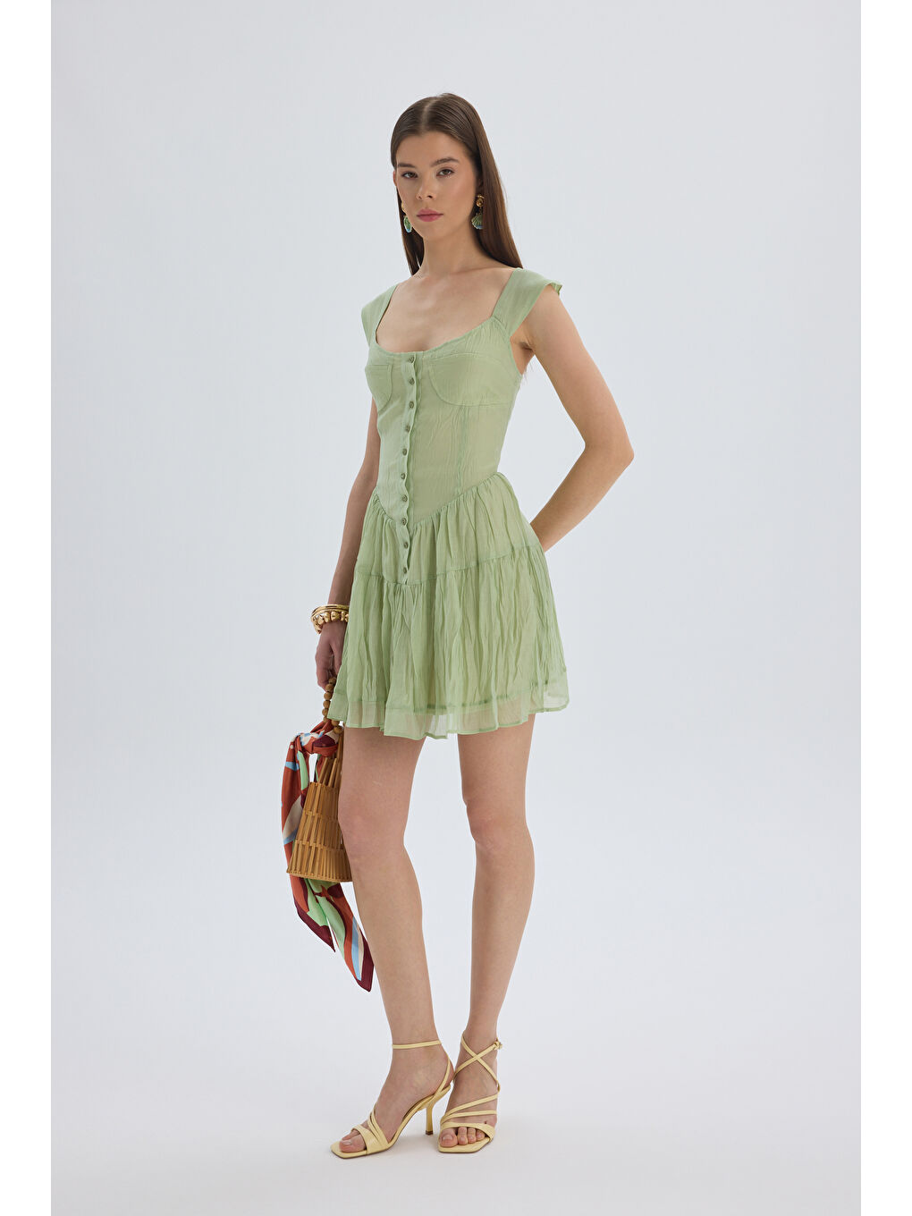 Serena Düğmeli Yeşil Mini Elbise-1