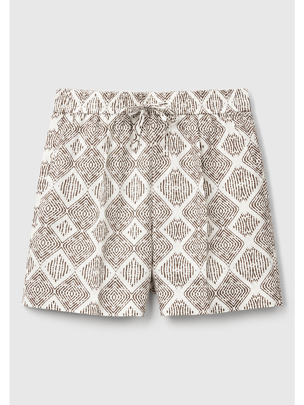 Kadın Beyaz Mix %100 Keten Desenli Beli Lastikli Cepli Şort-1