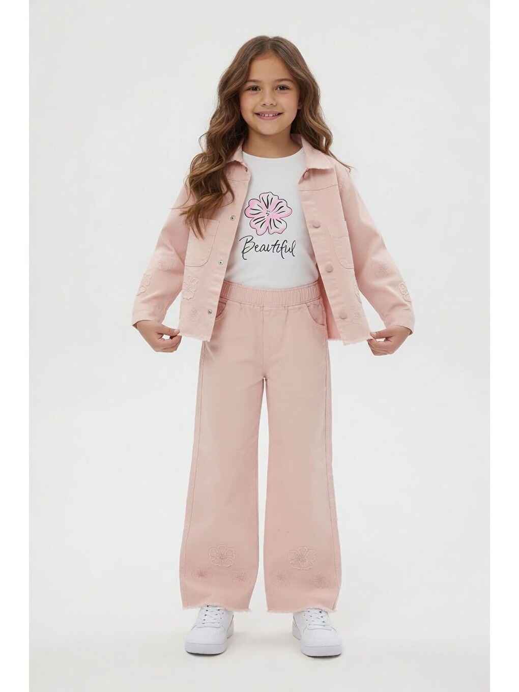 Pembe Somon Çiçek Nakışlı Ceketli Geniş Paça Pantolonlu Kız Çocuk 3lü Takım 24117-2