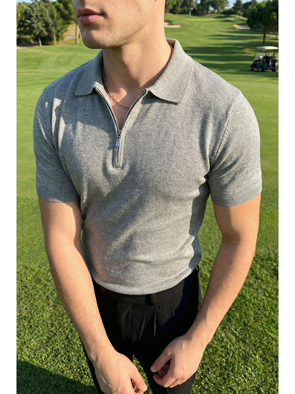 Gri Osko Erkek Polo Yaka Pamuk Düz İnce Triko Tişört-4