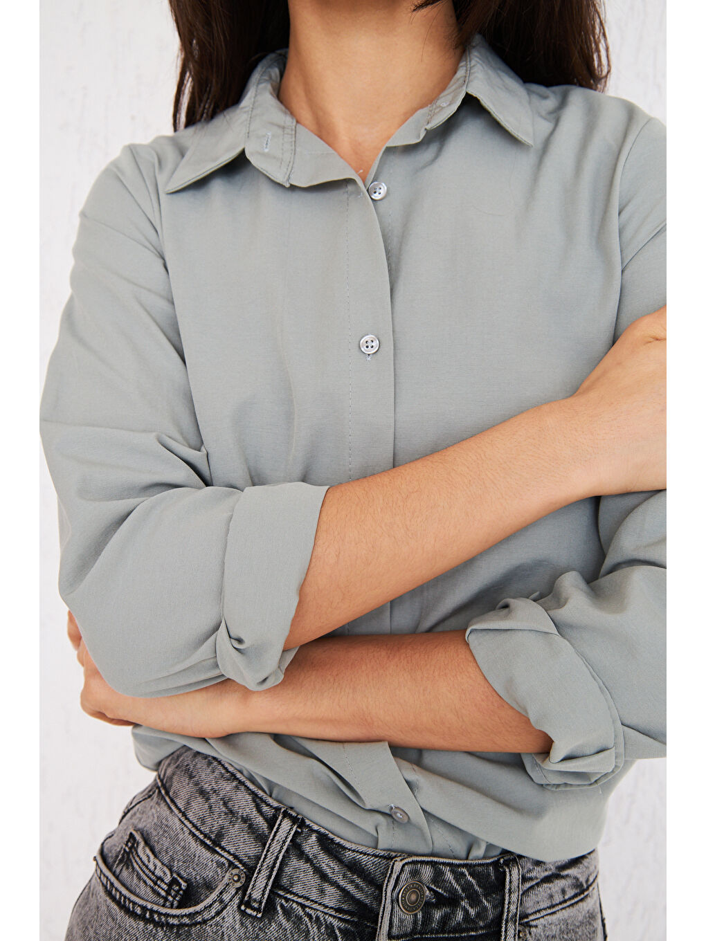 Kadın Uzun Kollu Düğmeli Basic Gri Tunik Gömlek-5