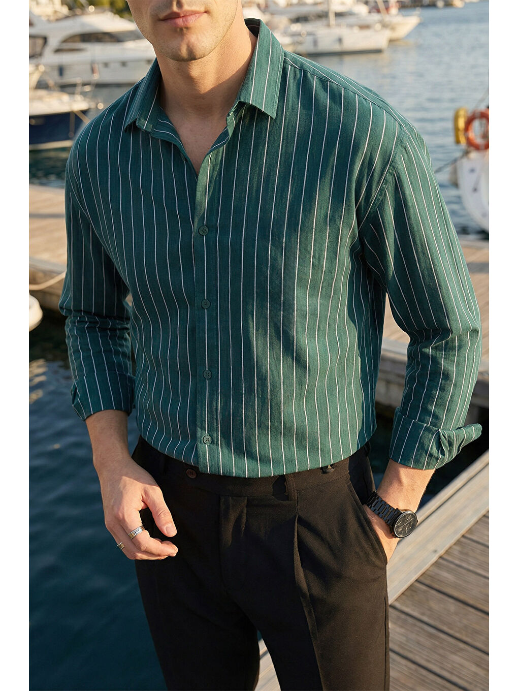 Yeşil Arkit Erkek Çizgili Viskon Oversize Gömlek-2