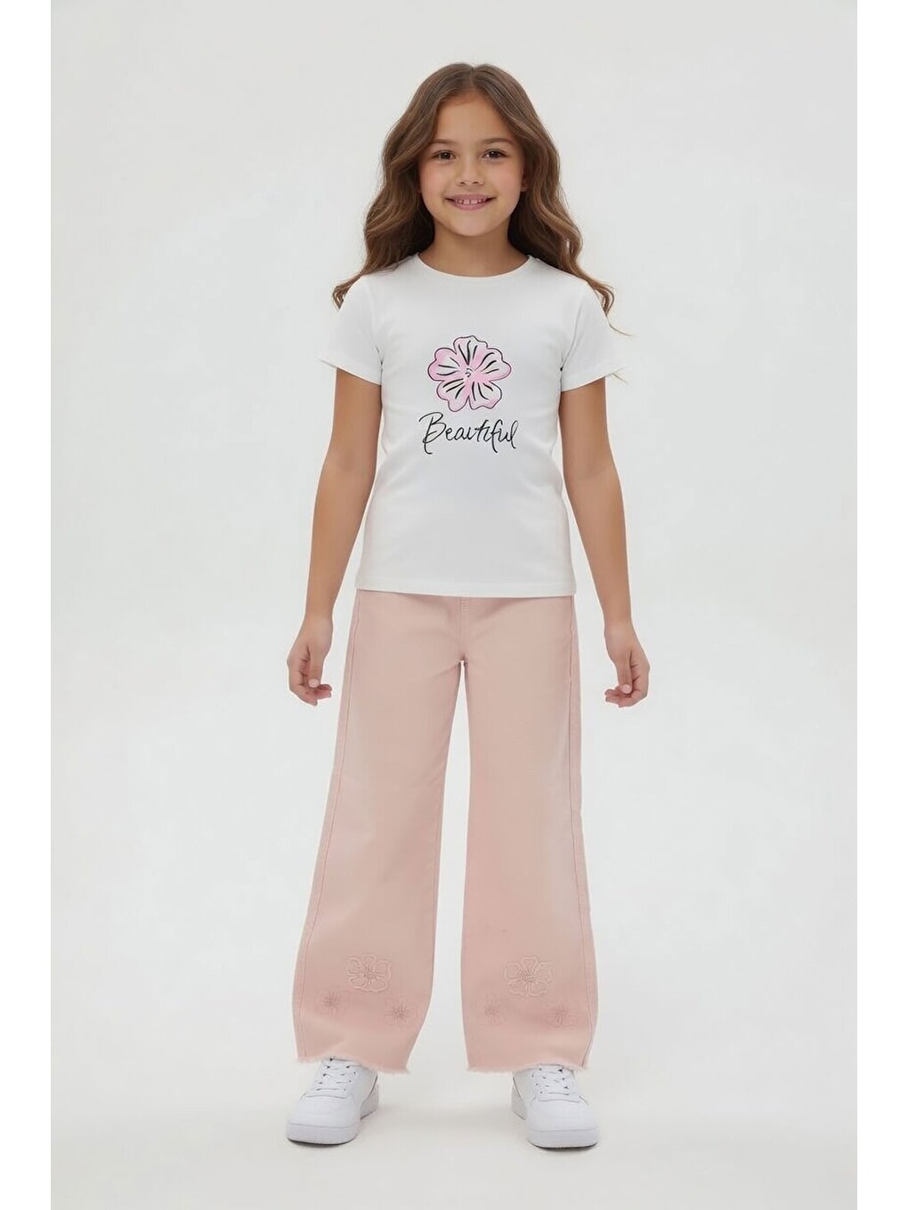 Pembe Somon Çiçek Nakışlı Ceketli Geniş Paça Pantolonlu Kız Çocuk 3lü Takım 24117-3