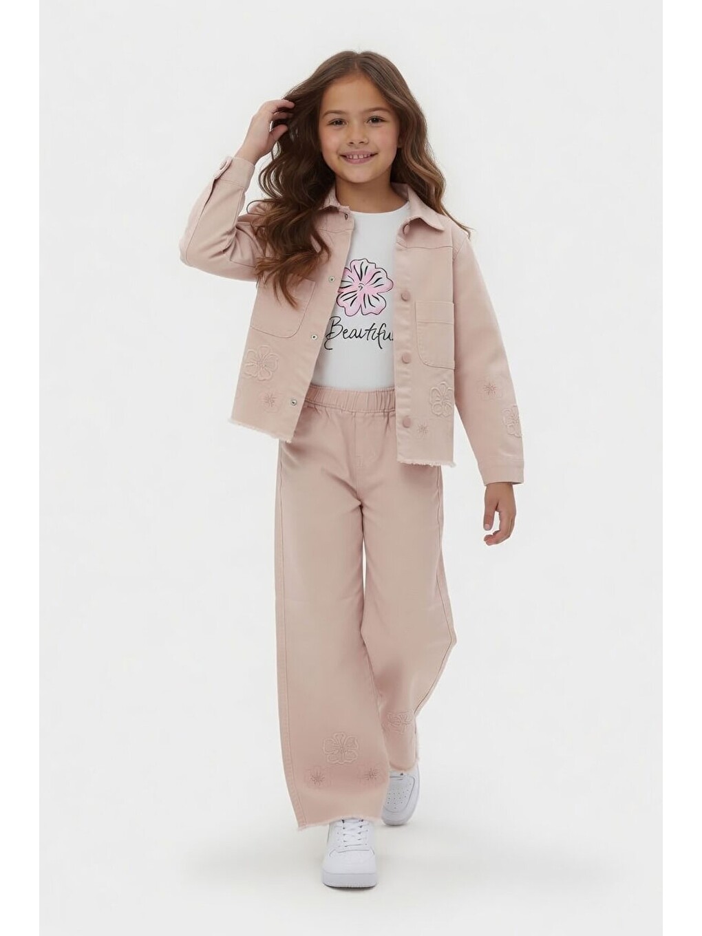 Pembe Gül Kurusu Çiçek Nakışlı Ceketli Geniş Paça Pantolonlu Kız Çocuk 3lü Takım 24118-3