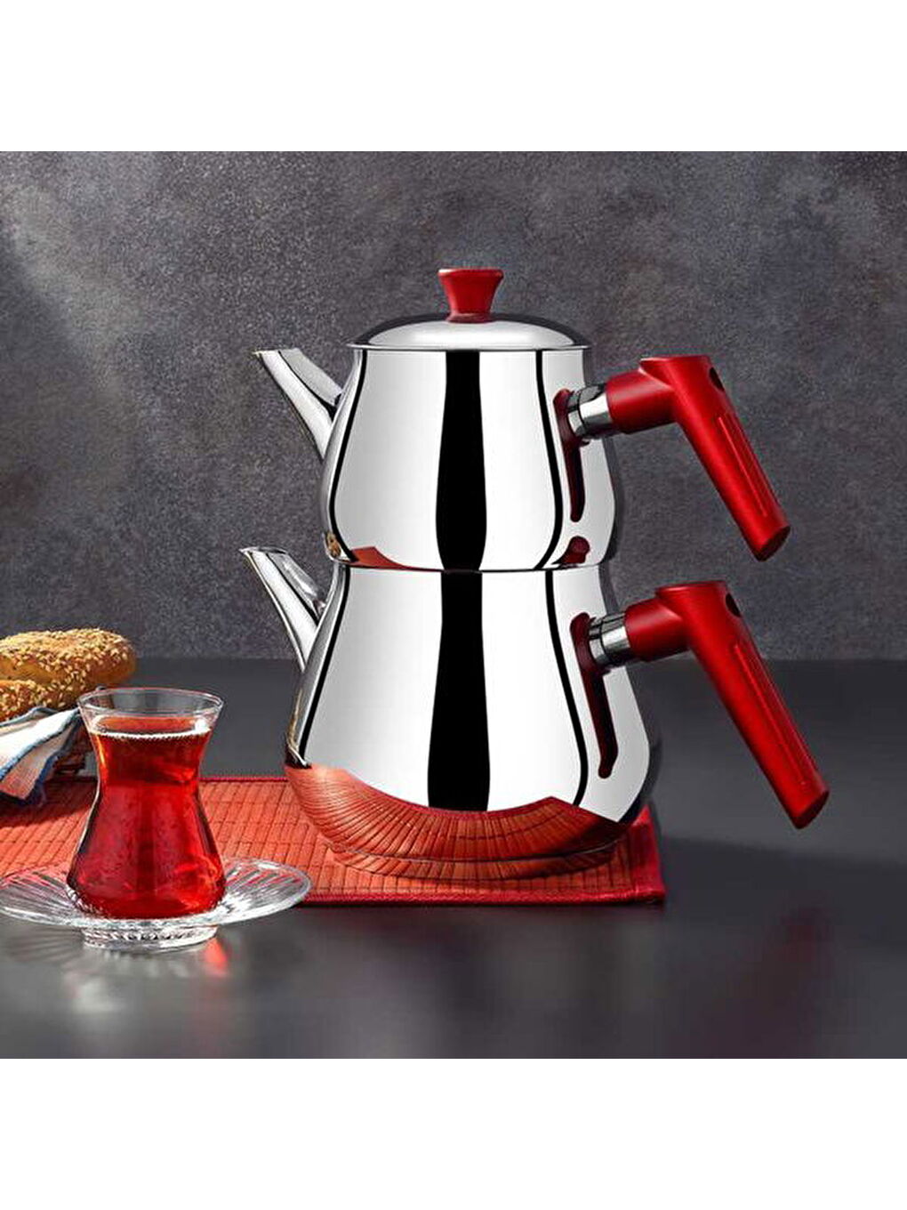 Karışık Çaykara Soft Midi Çelik Çaydanlık Takımı - Gri / Kırmızı - 1,8 lt + 1 lt