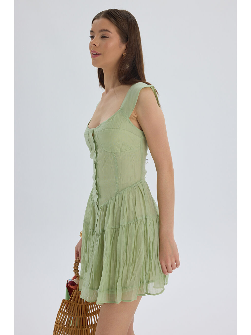 Serena Düğmeli Yeşil Mini Elbise-2