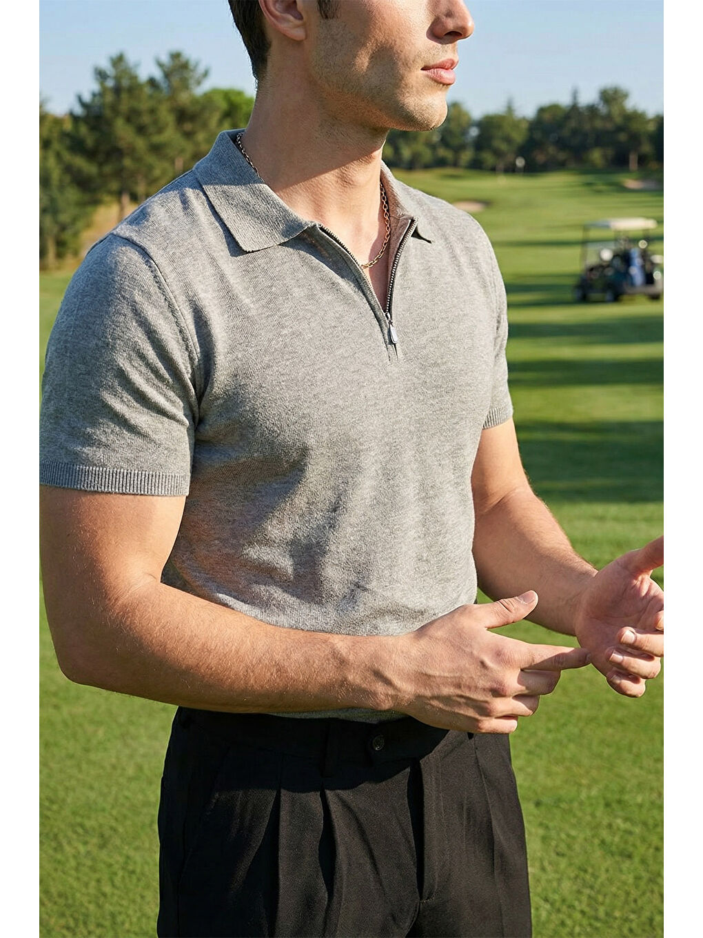 Gri Osko Erkek Polo Yaka Pamuk Düz İnce Triko Tişört-5