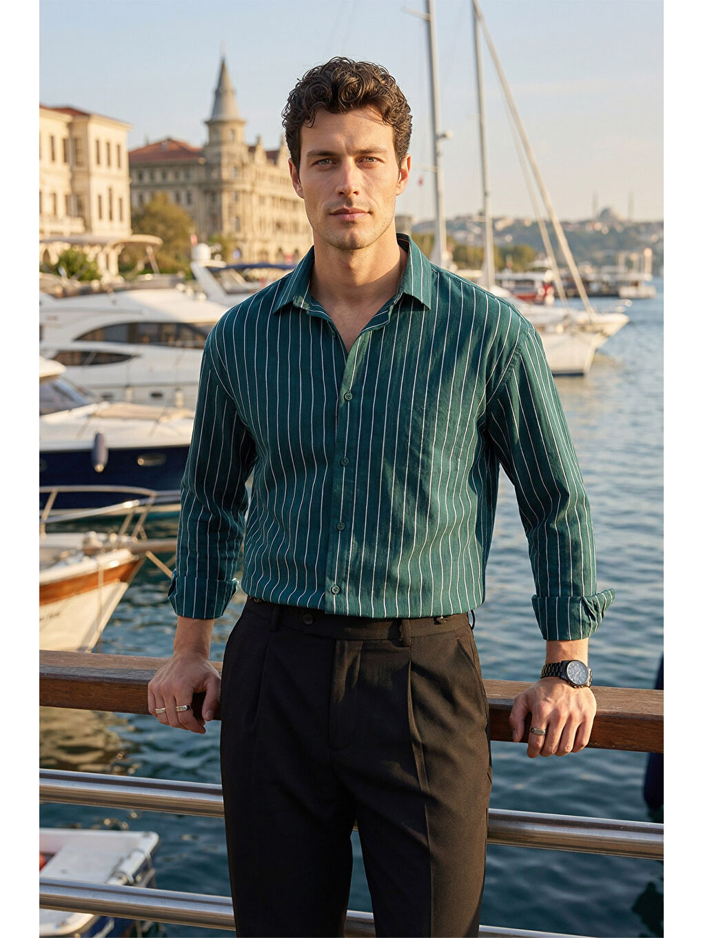 Yeşil Arkit Erkek Çizgili Viskon Oversize Gömlek-3