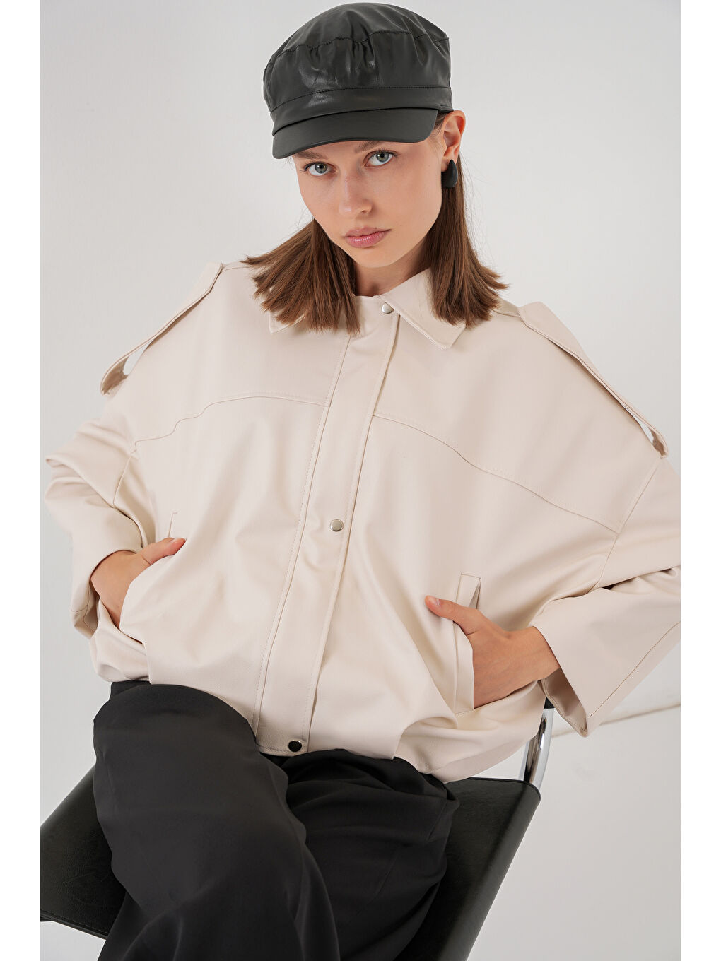 Kadın Oversize Deri Ceket 1055 - Ekru-2