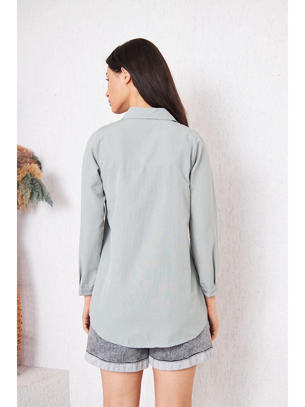 Kadın Uzun Kollu Düğmeli Basic Gri Tunik Gömlek-7