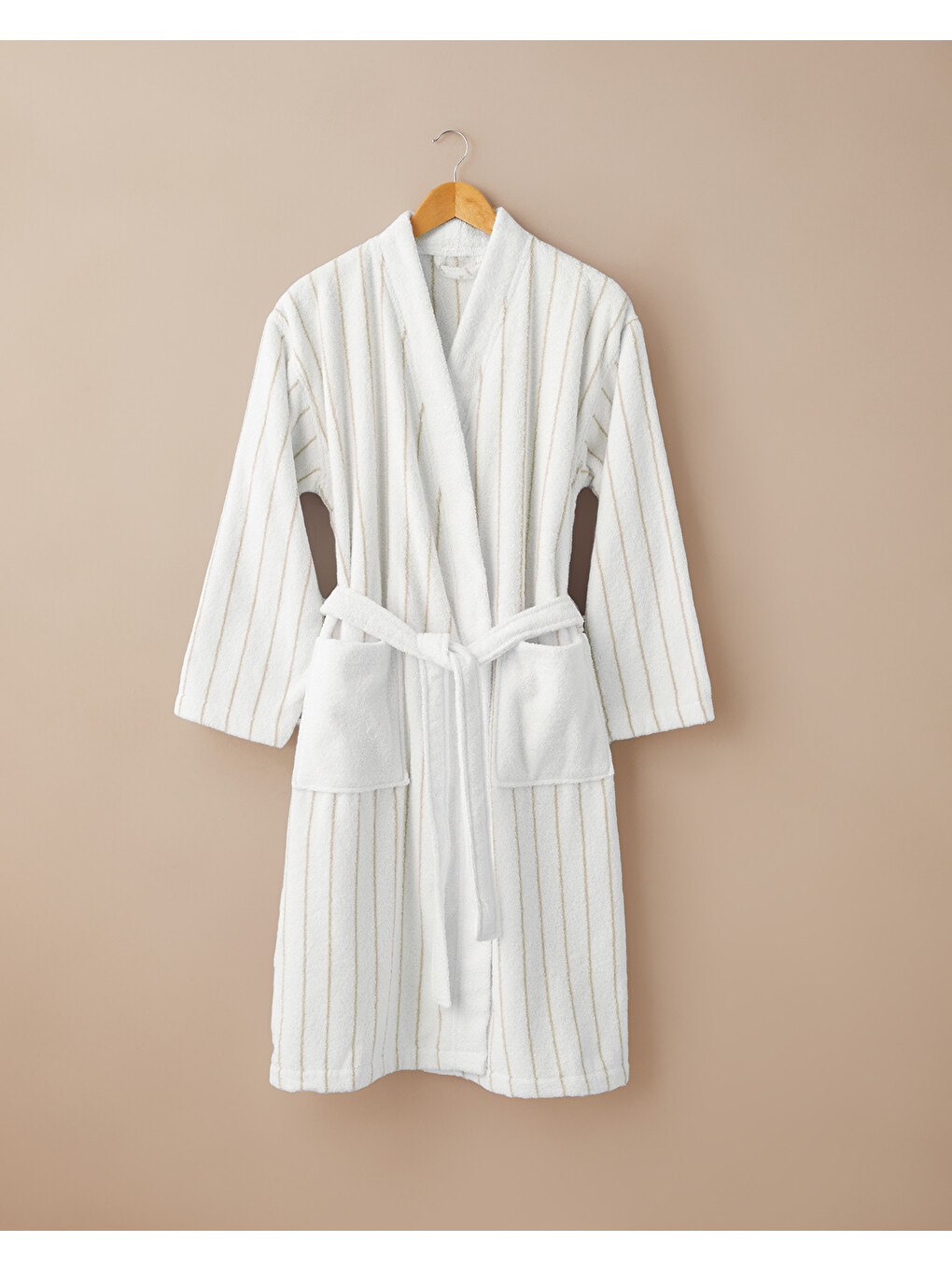Mono Stripe Pamuk Bornoz L-xl Beyaz - Bej