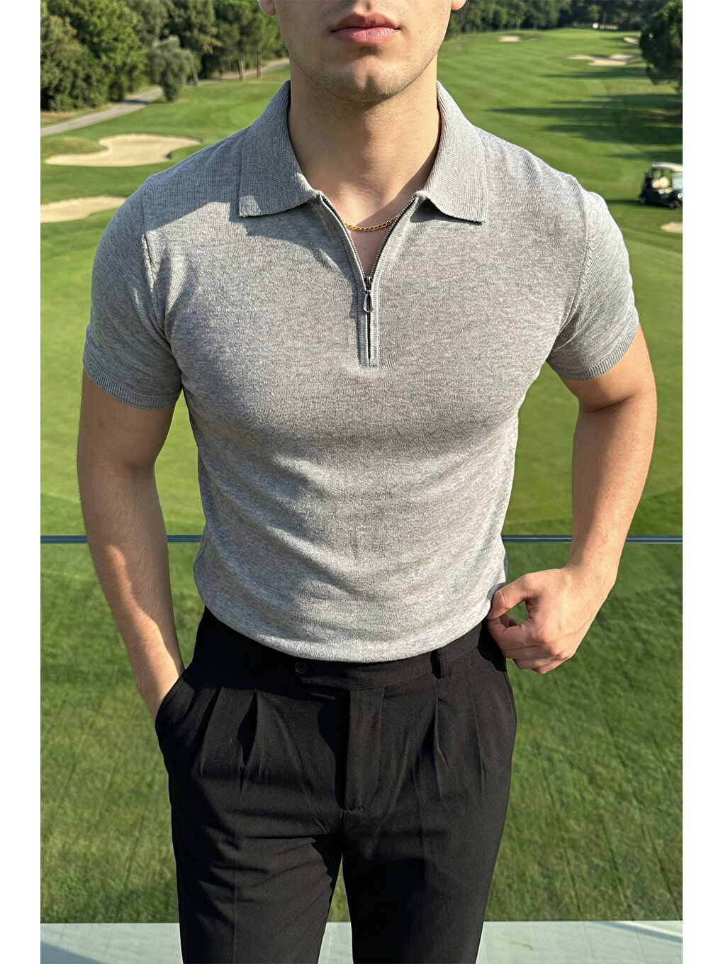 Gri Osko Erkek Polo Yaka Pamuk Düz İnce Triko Tişört-6