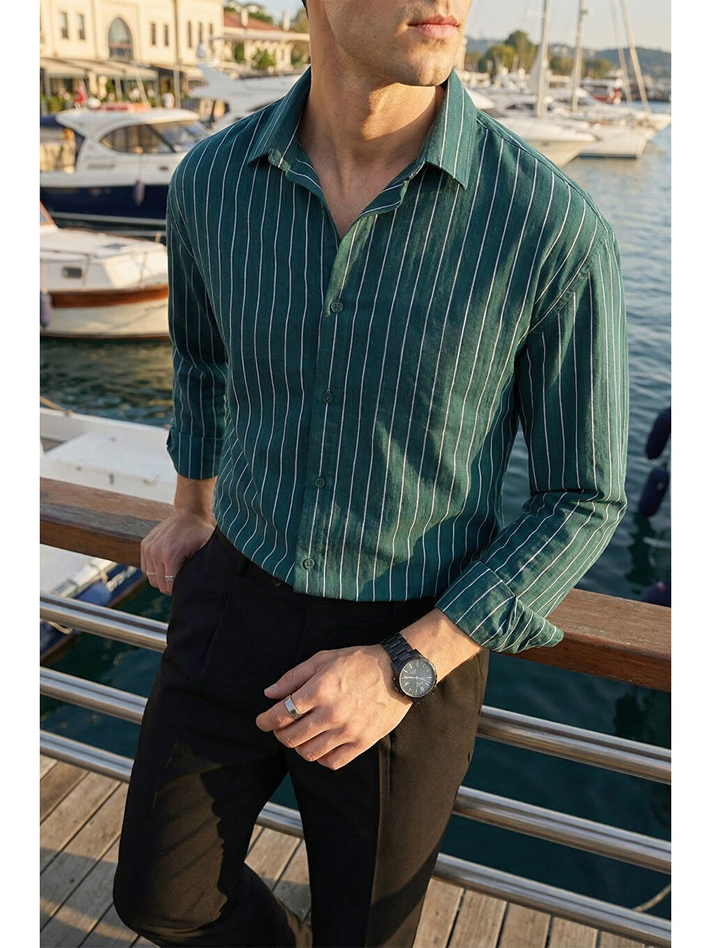Yeşil Arkit Erkek Çizgili Viskon Oversize Gömlek-4