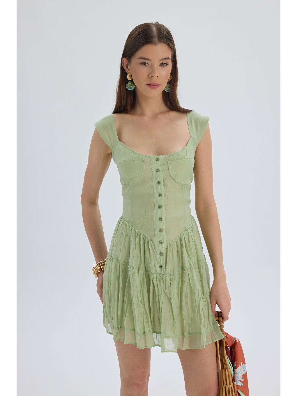 Serena Düğmeli Yeşil Mini Elbise-3