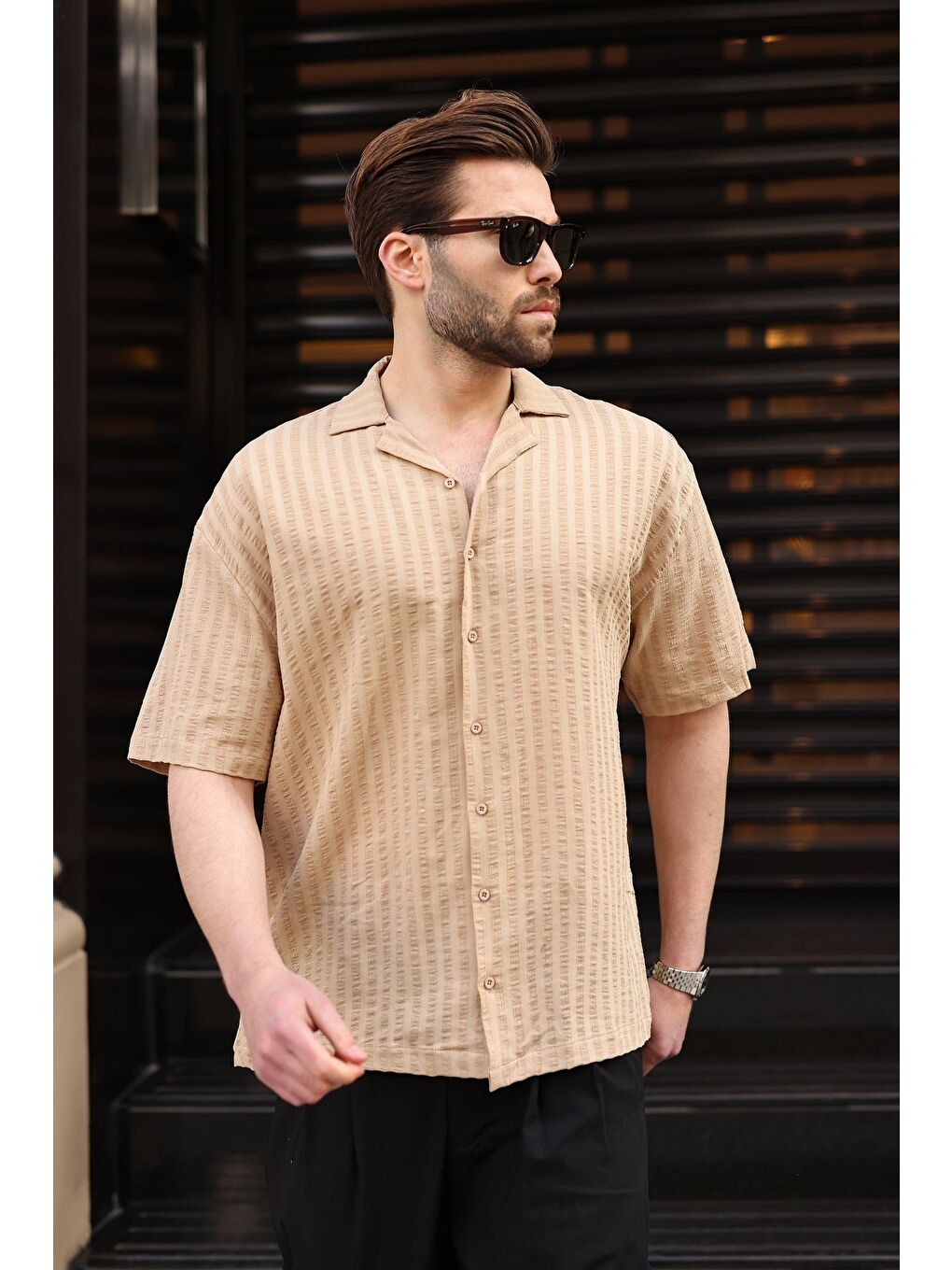 Bej Gofre Kumaş Erkek Gömlek E6772