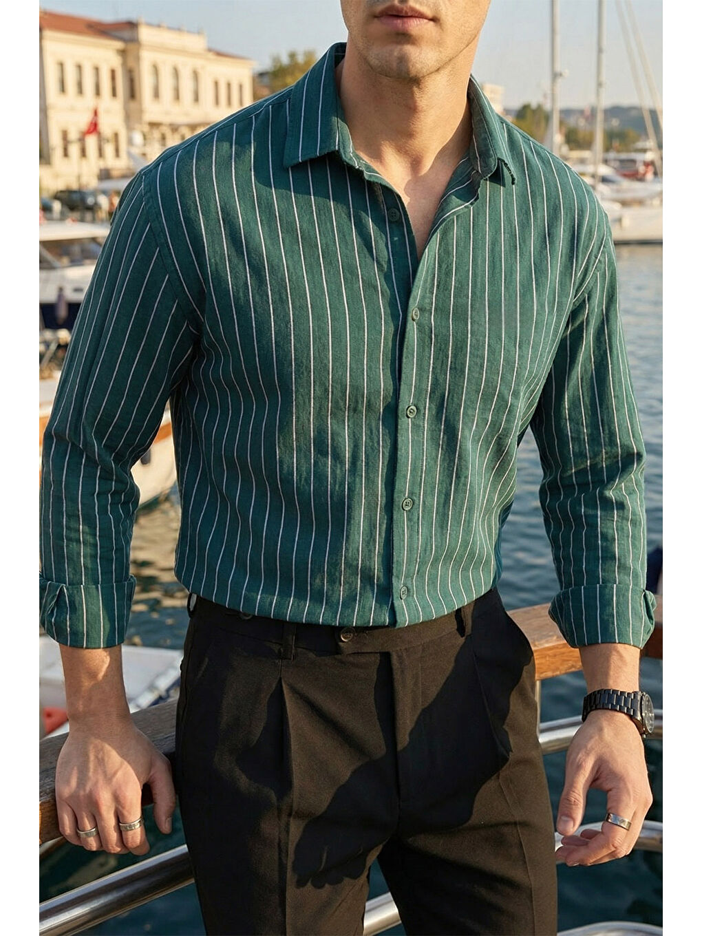 Yeşil Arkit Erkek Çizgili Viskon Oversize Gömlek-5