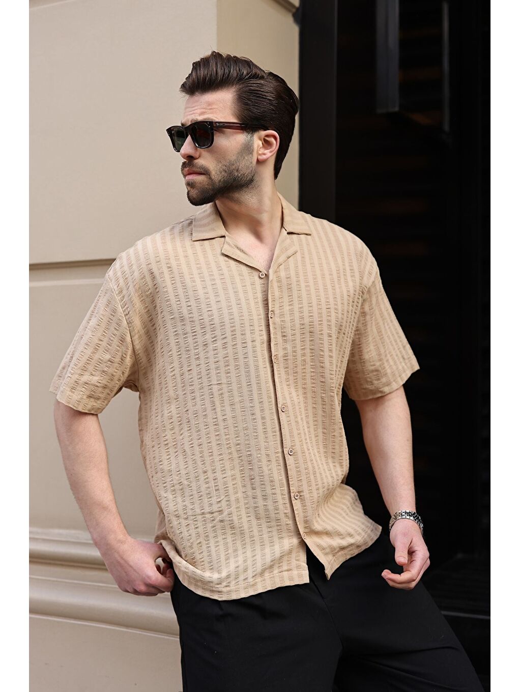Bej Gofre Kumaş Erkek Gömlek E6772-1